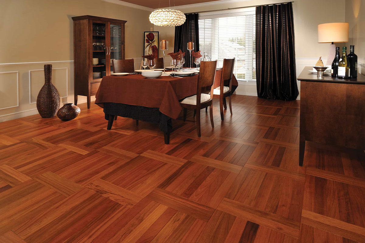 Shows the reddish engineered hardwood floor option that you can get with hardwood floor installation cost in Los Angeles.